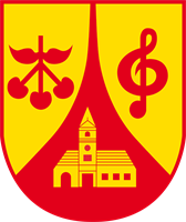 Pöttschinger Wappen - rot, gold, Kirche, Kirsche, Notenschlüssel